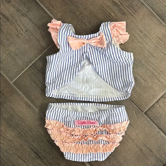 Seersucker Blue and White Stripe Ruffle Butts Bikini - Picture 2 of 4